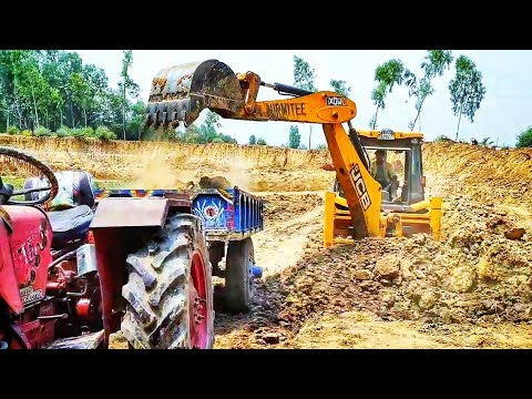 Jcb loading soil in Tractor | Jcb Backhoe digging a Pond - YouTube