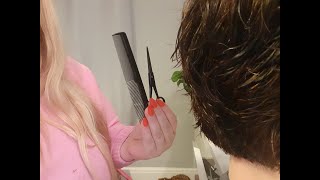 asmr hairdresser roleplay full mens hair cut ,  real cutting hair play combing spraying whispered
