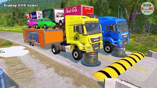 Double Flatbed Trailer Truck vs speed bumps|Busses vs speed bumps|Beamng Drive|743