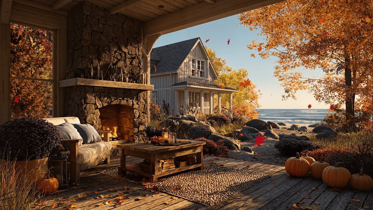π Cozy Autumn Beach House Ambience | Crackling Fireplace, Falling ...