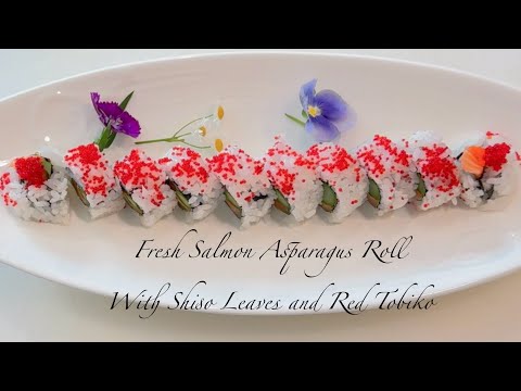 How to Make Sushi Roll: Fresh Salmon Asparagus Roll with Shiso Leaves & Red Tobiko @Leangkheng