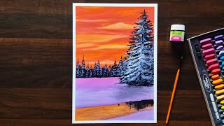 Snowy Trees At Sunset | For Beginners | Combining Acrylic And Soft Pastels screenshot 2