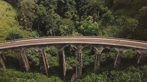 Drone Static Top View of People Standing on Nine Arch Bridge Ella in Sri Lanka, Ancient Tourism |
