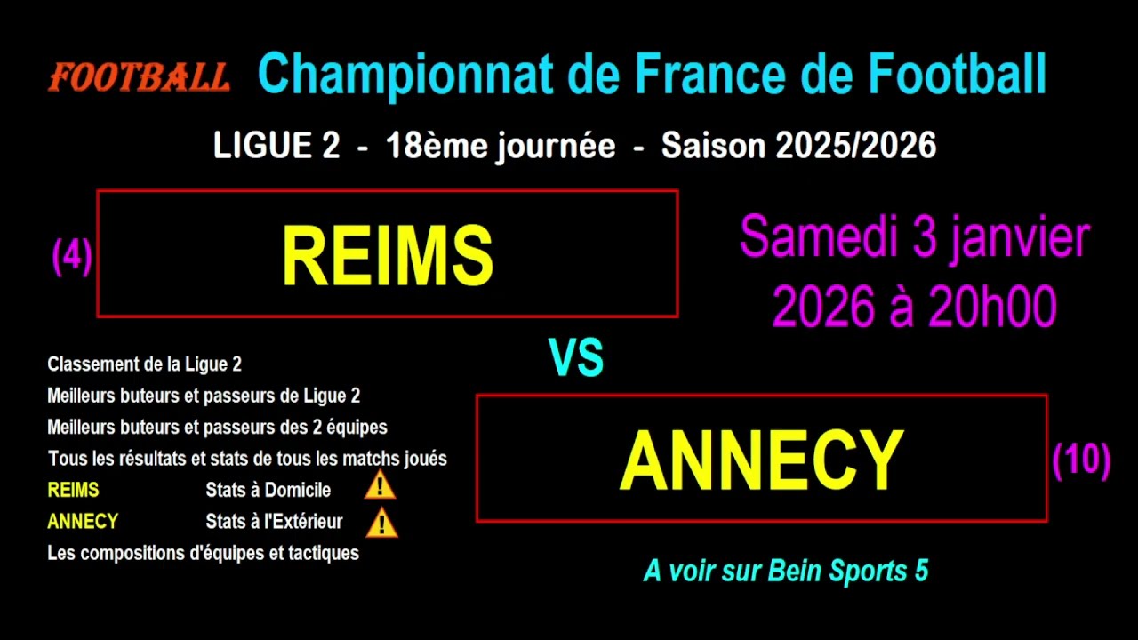 REIMS - ANNECY : 18ème journée de Ligue 2 - Stats, infos, pronos - Foot saison 2025-2026
