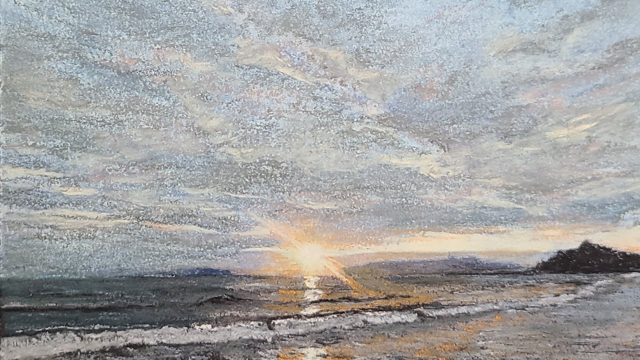 パステル画（原画）朝日。 パステル画#77『雲間から朝日』 Pastel Painting softpastelart 風景画