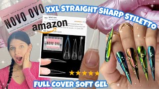 TRYING XXL STRAIGHT SHARP STILETTO NOVO OVO FULL COVER SOFT GEL NAIL TIPS FROM AMAZON screenshot 4