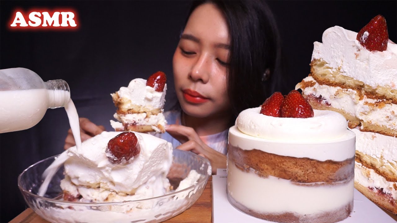 ASMR Vanilla Milk FRESH CREAM CAKE 🍰🍓 | Eating Sounds