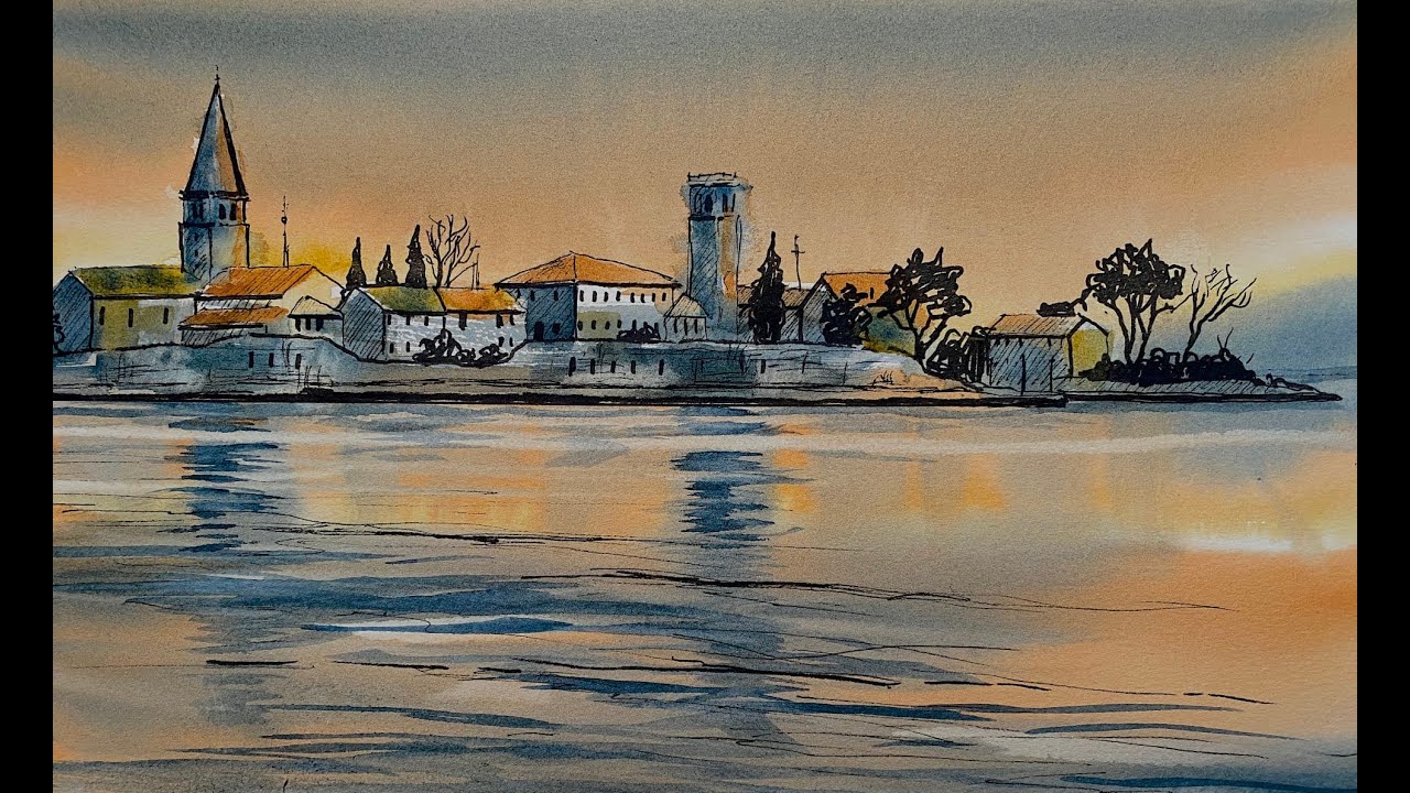 Paint A Simple Watercolour Sunset Lakeside Town Line & Wash Landscape ...