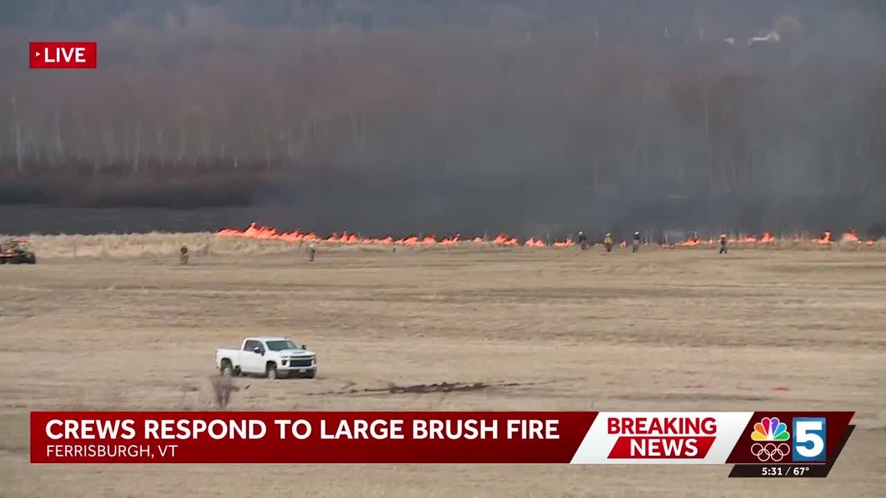 Crews continue to battle brush fire in Ferrisburgh, Vermont - YouTube
