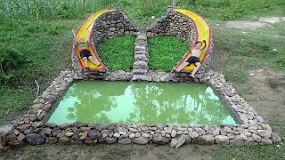 TIMELAPSE: START to FINISH Build swimming pools and stone slides - Building Primitive Technology