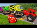 TRANSPORTING PIXAR CARS & FRUITS WITH COLORED & JOHN DEERE vs CLAAS vs TRACTORS - BeamNG.drive #983