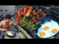 Cooking Strip Bacon Pork Meat BBQ - Grilled Strip Bacon BBQ eat with Chili Sauce