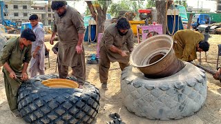 Hardworking Young Guys Changing Road Roller Tire Without Any Power Tools || Heavy Duty Tyre Changer