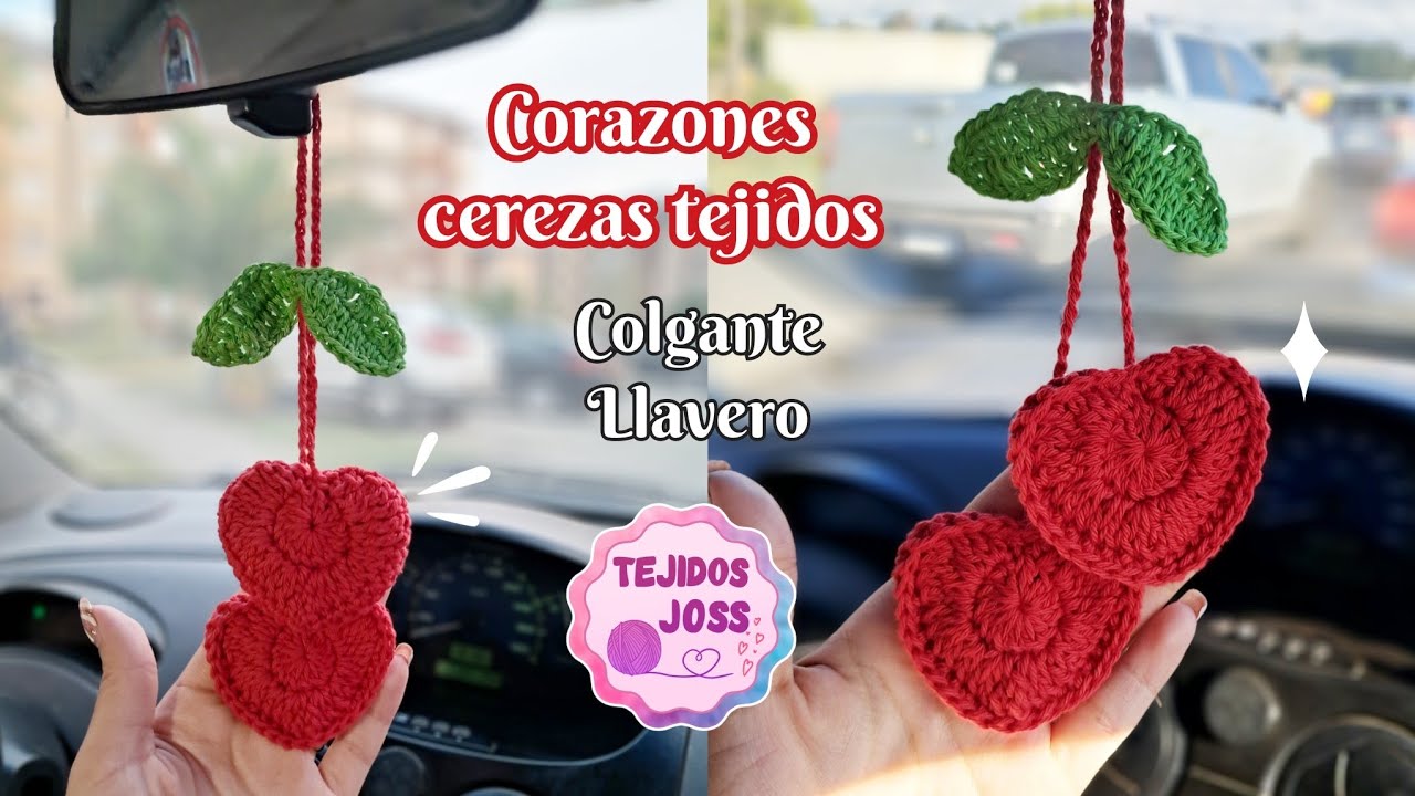 Corazones cerezas tejidos colgante para auto | llavero | idea San Valentín | Tejidos Joss |