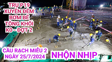 Không khí nhộn nhịp cấp bê tông khối cho K0 đợt 2 trụ P19 cầu Rạch Miễu 2, đã thấy rõ bản mặt cầu