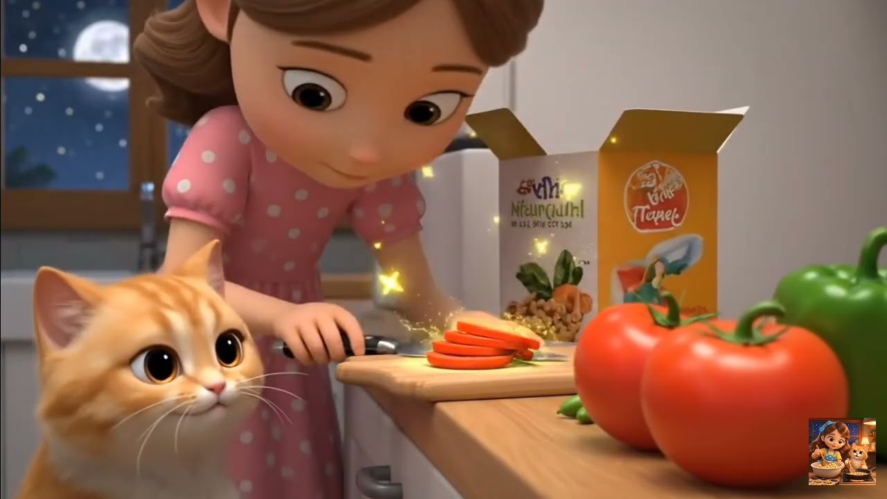 Cooking time with Lily & her cat! 🥕🍖  