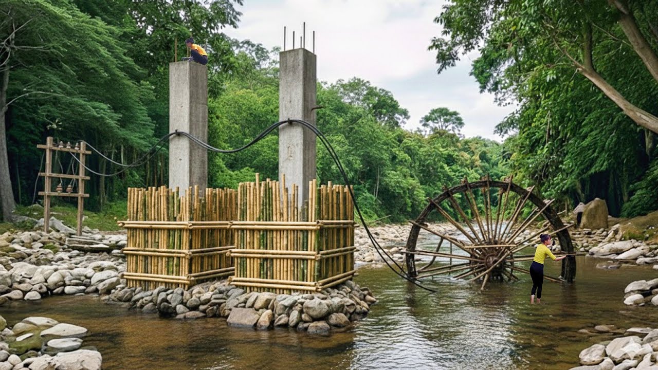 Building A Large Bamboo Water Wheel To Capture Fresh Natural Spring Water