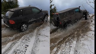 Testing Jeep VS Porsche Cayenne. Snow steep hill climb!