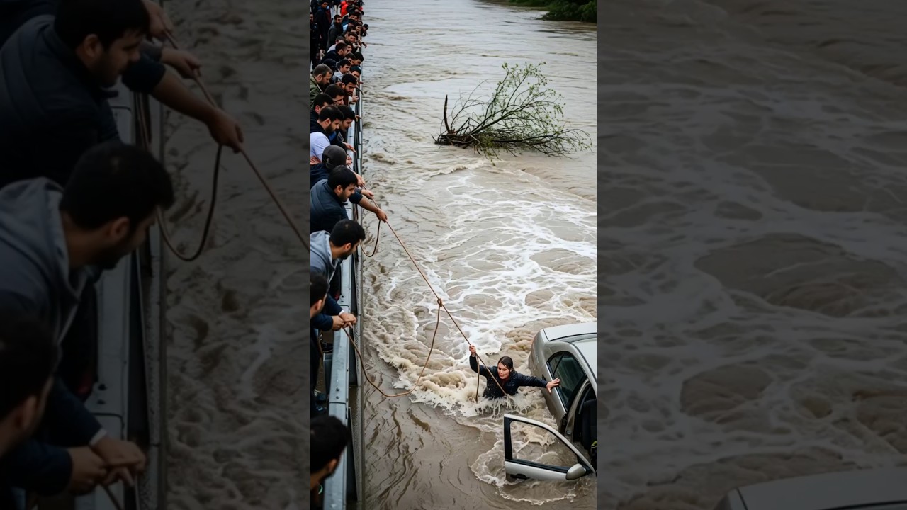 Driver Saved from Flooded Bridge as Crowd Pulls with Rope – Incredible Rescue 