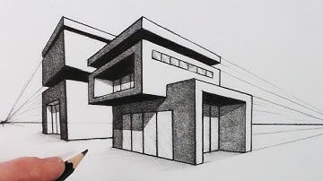 Hoe teken je een huis in tweepuntsperspectief: modern huis