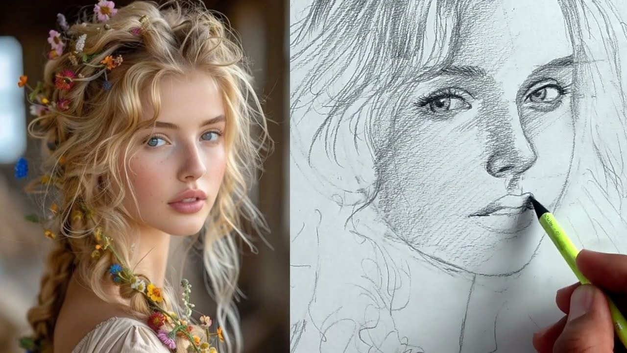 Simulating and designing a portrait on a photo☘️Curly hair girl portrait design