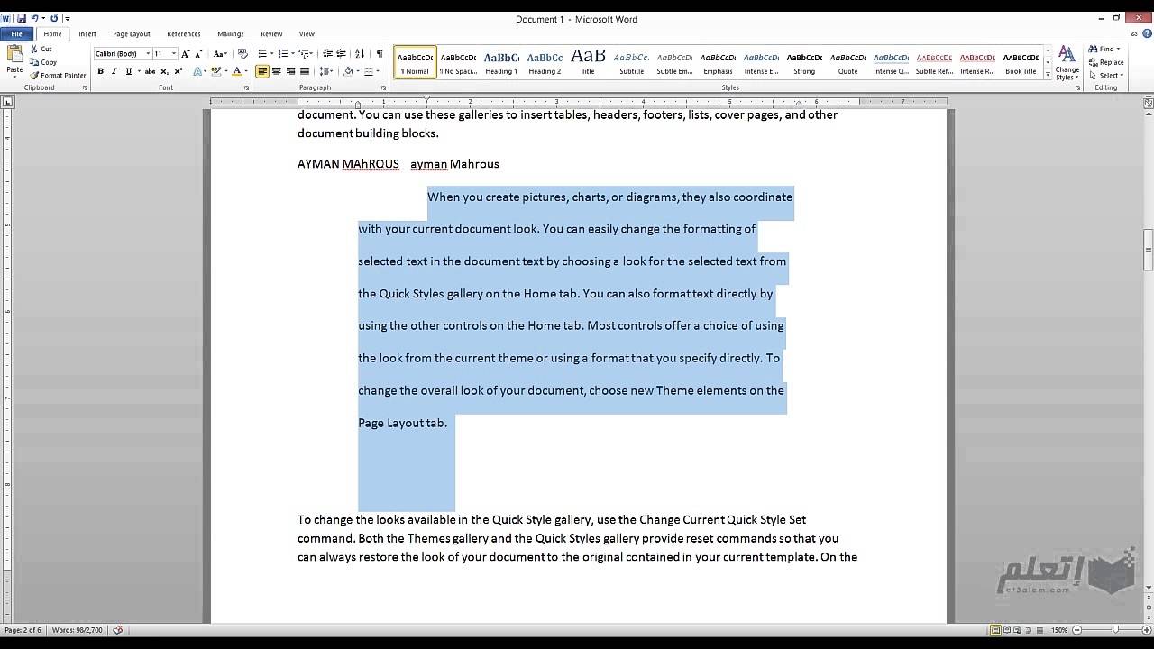 ⁣et3alem.com | Microsoft Word 2010 .. Formatting text