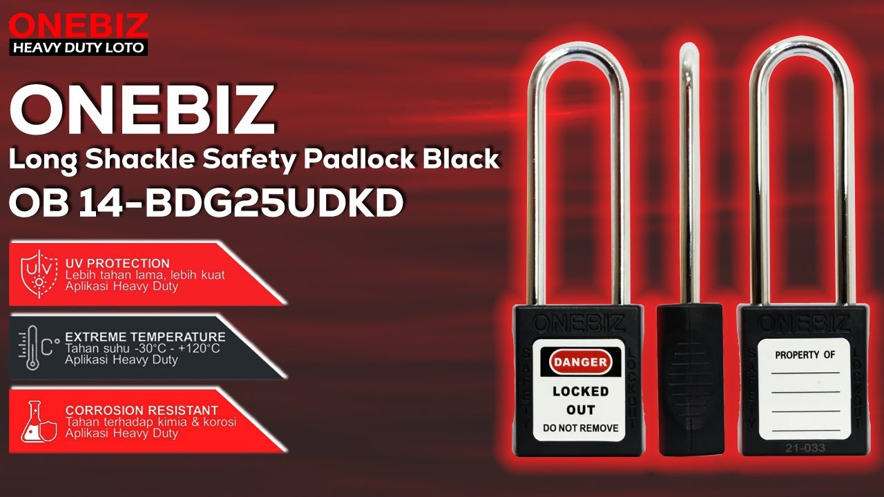 ONEBIZ Long Steel Shackle Safety Padlock Black OB 14-BDG25UDKD | ONEBIZ Heavy Duty LOTO