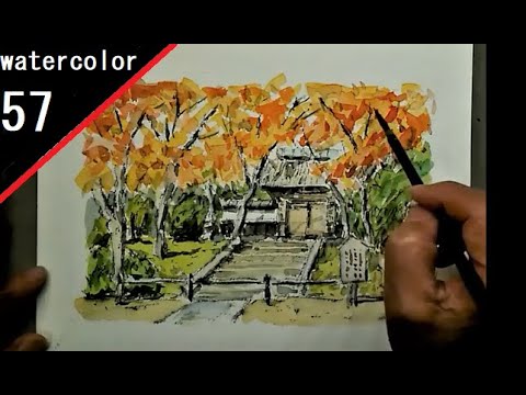 水彩画「鎌倉円覚寺」 57】 鎌倉 円覚寺 紅葉 藤森水彩画 watercolor: autumn leaves