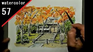 水彩画「鎌倉山」 57】 鎌倉 円覚寺 紅葉 藤森水彩画 watercolor: autumn leaves