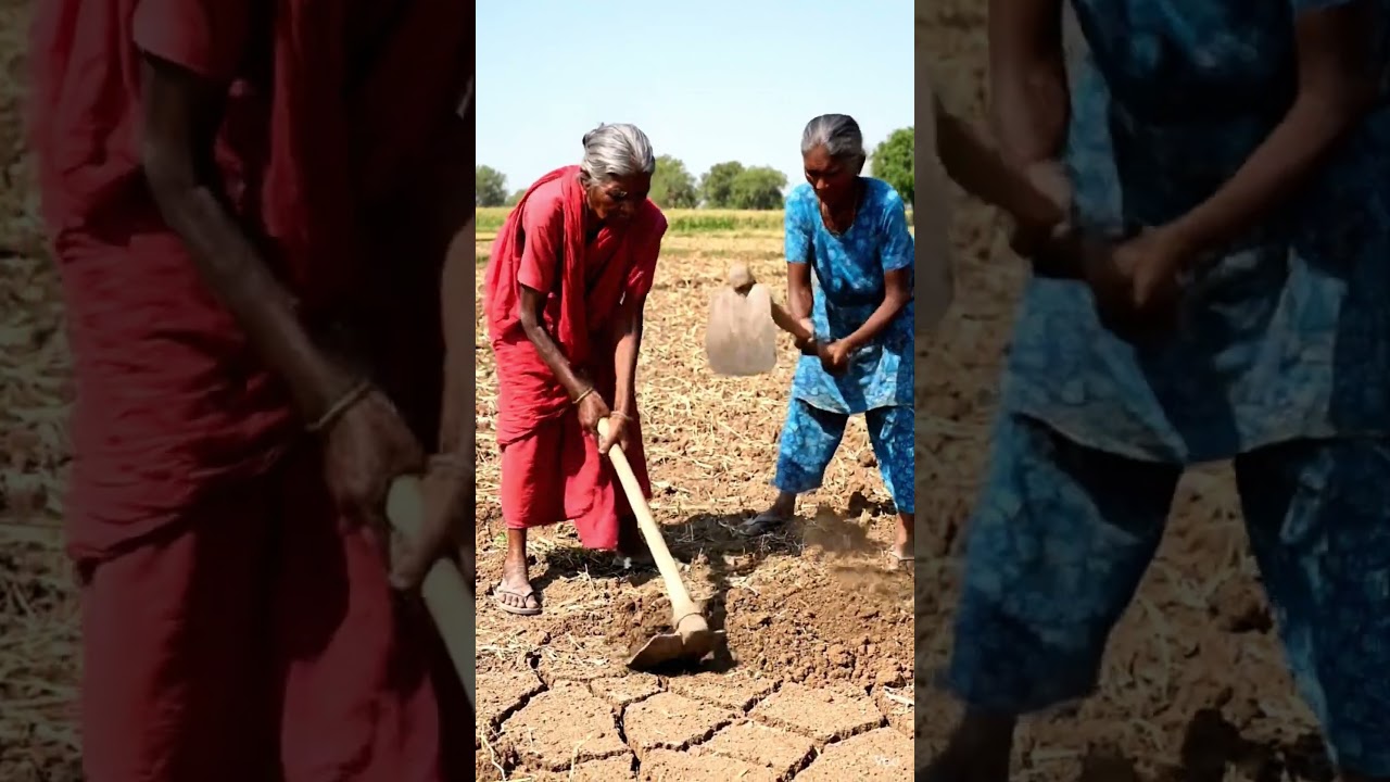 Two elderly farmers are digging their field with hoes 