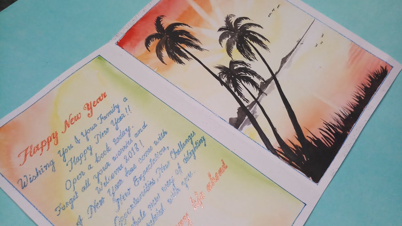 New year 2018 greetings card making with watercolour