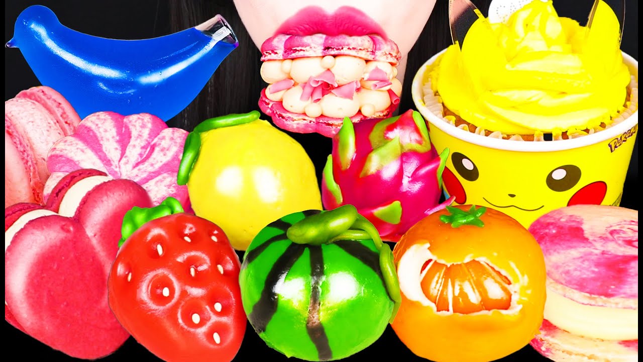 ASMR FRUIT BEAN CAKE STRAWBERRY WATERMELON DRAGON FRUIT 딸기 수박 용과 화과자 마카롱 먹방 EATING SOUNDS