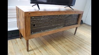 Sped Up build video of our Mid-Century Modern style TV Stand. Stand was built from reclaimed oak tongue and groove flooring, and 