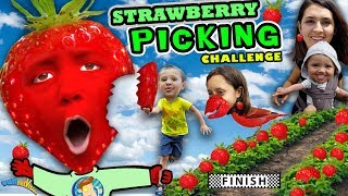 KIDS STRAWBERRY PICKING CHALLENGE! Fields of Fun w  FUNnel Family + Play Time! Family Vlog