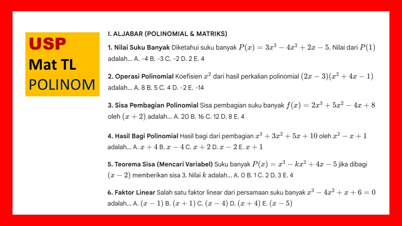 Suku banyak, polinomial, pembahasan soal USP