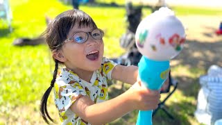 アリエルの自動で出るシャボン玉の取り合い!?いろんなシャボン玉で遊んだよ!