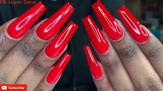Acrylic Full Set Coffin Shape Red Color | Nails Tutorial |
