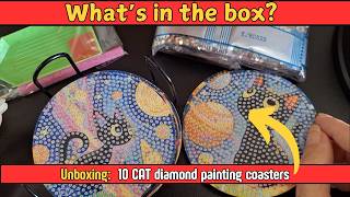 What comes in the diamond painting space cat coasters kit close up of designs and drills