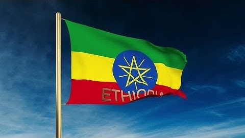 4K Ethiopia flag slider style with title. Waving in the wind with cloud background animation Stock