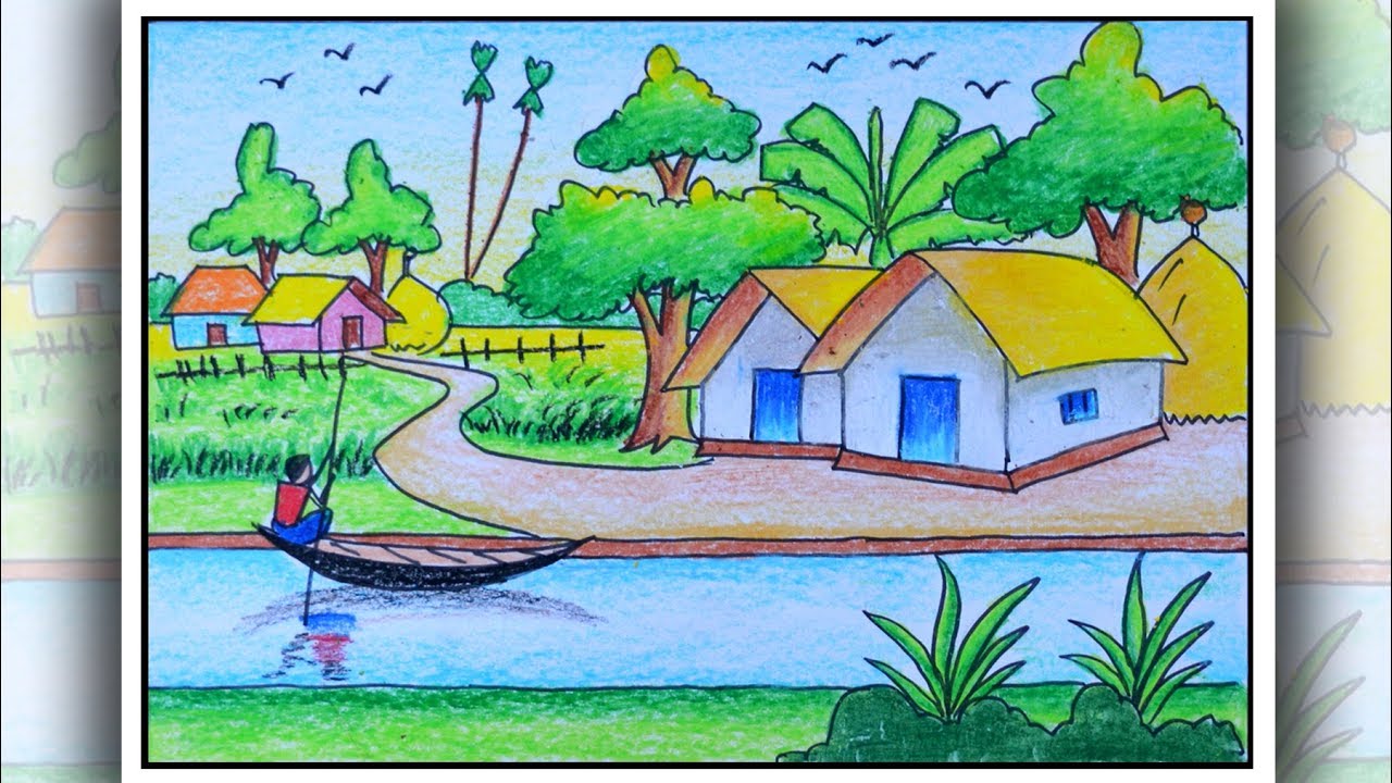 How to draw riverside village, How to draw Simple scenery for ...