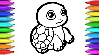 Cute Tortoise Drawing and Coloring for Kids, Toddlers | How to Draw Cute Tortoise for Kids | Kidzaw