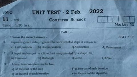 11th std computer science unit test-2 question paper 2022