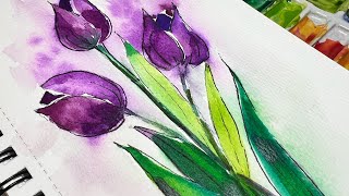 Watercolor easy little Tulips with background wash, Violets, and greens