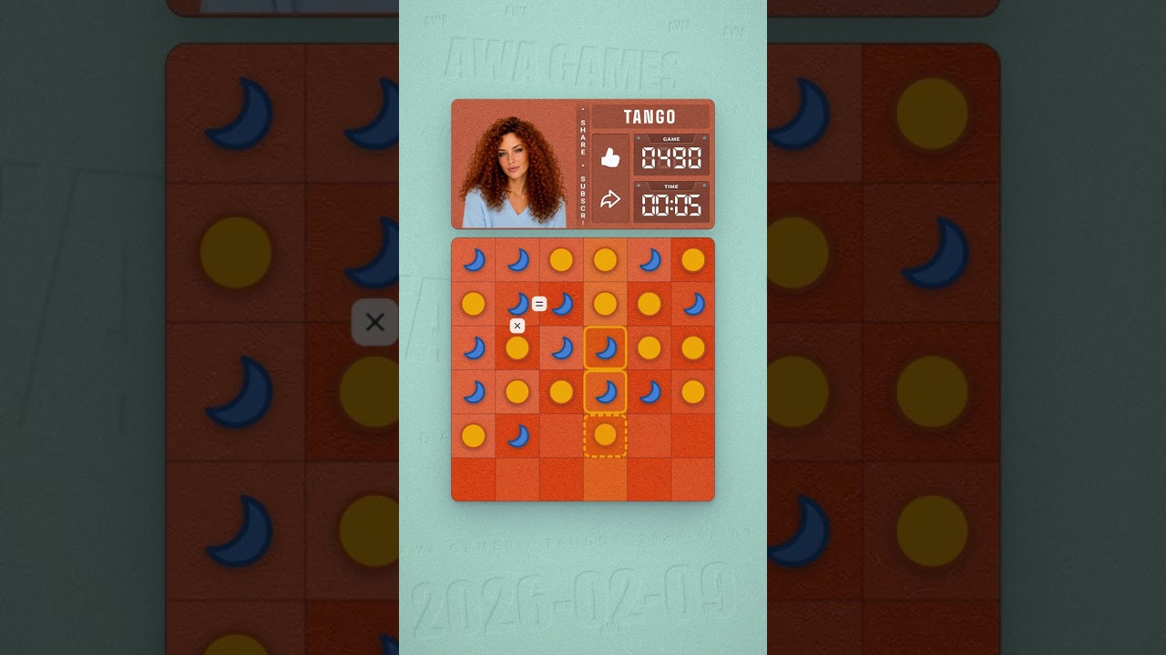 LinkedIn Tango #490 solved board for February 9, 2026, 6x6 grid