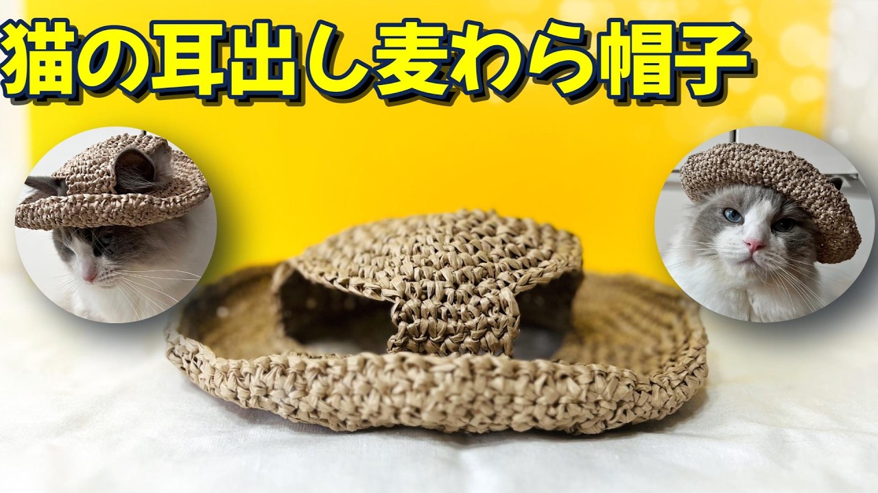 簡単！猫のための耳出し麦わら帽子の編み方#かぎ針編み cat straw hat