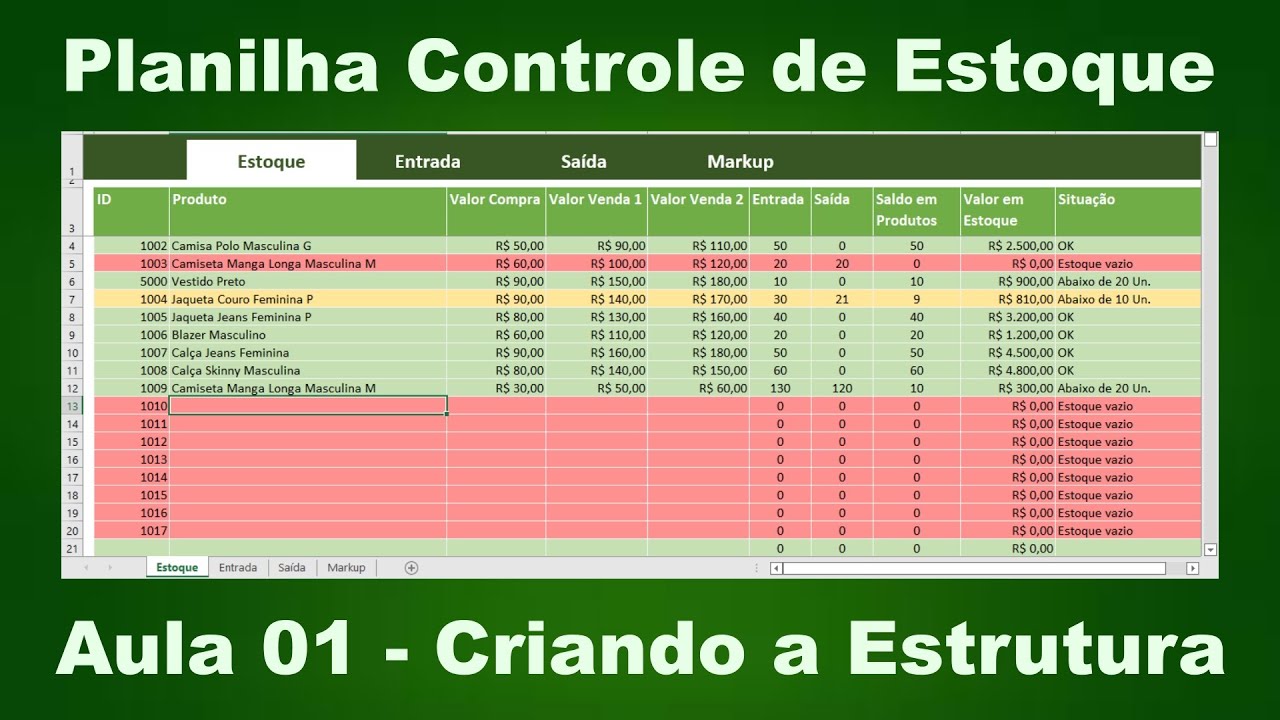 Planilha Controle De Estoque Com Projeção De Lucro Aula 01 Criação 9184