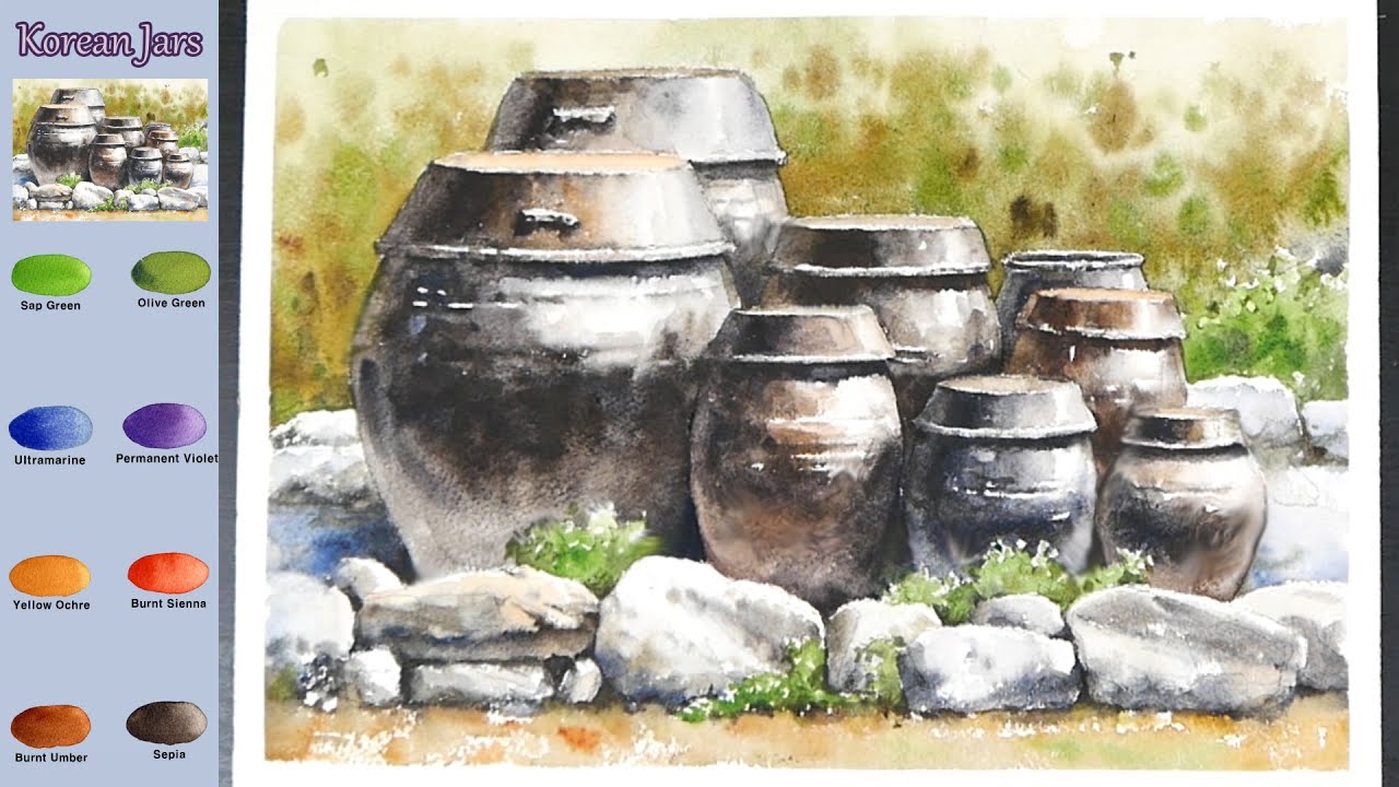 Пейзаж Акварель -  Корейские банки  (эскиз &  просмотр имени цвета,  акварельный материал)