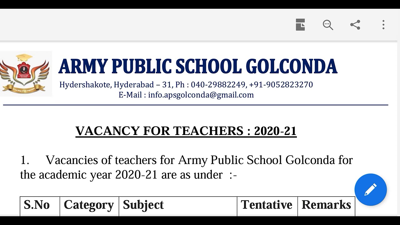 Army public school vacancy update 2020-21