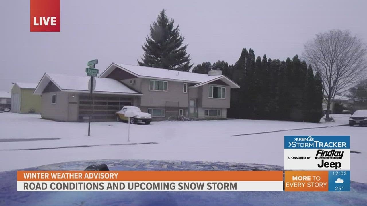 Slick road conditions in Spokane as snow falls on Monday - YouTube