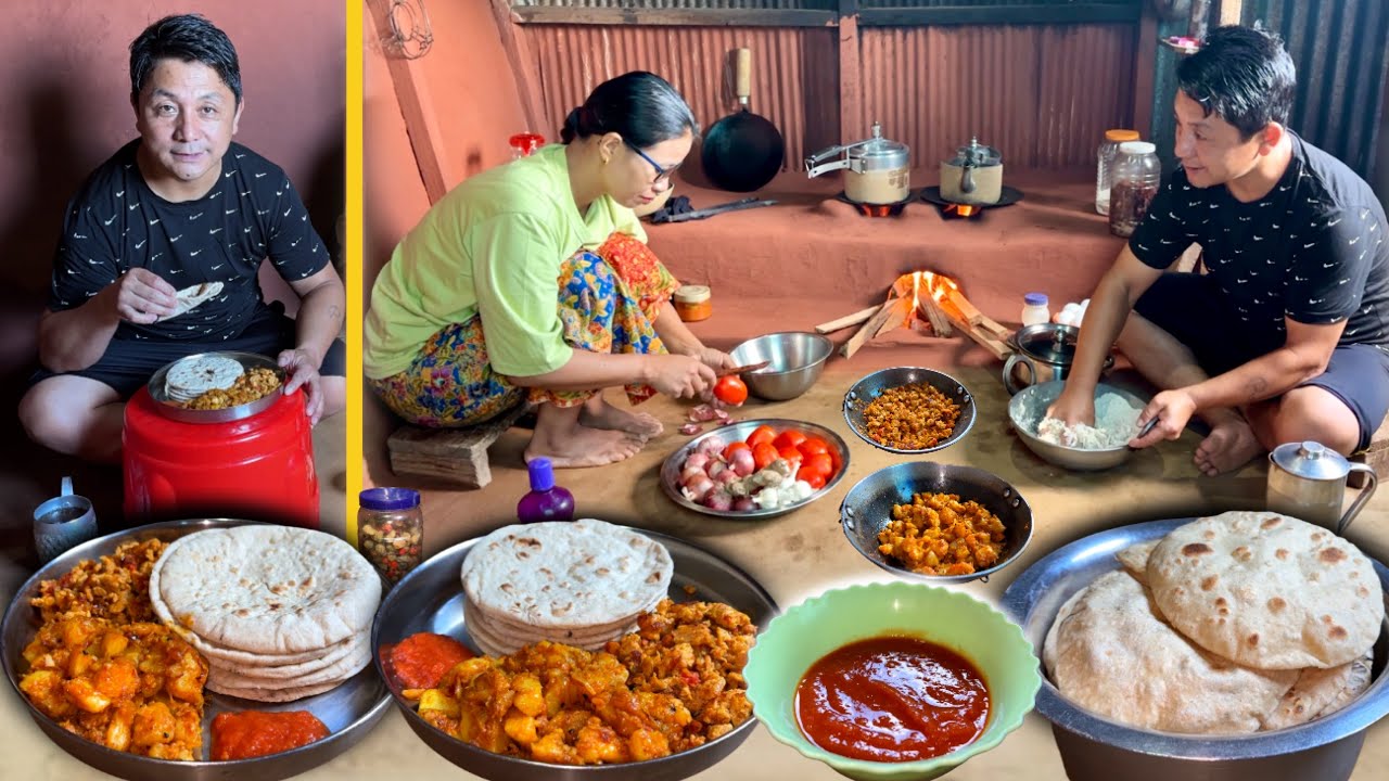 Healthy & Tasty Village Meal: Egg Bhurji Recipe, Spicy Aloo Dum with Roti (phulka) Cooked in Village